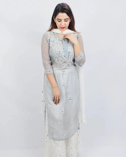 Elegant Grey Mirror Work Chikankari Kurti - Contemporary Style



