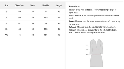 size chart for handmade kurti