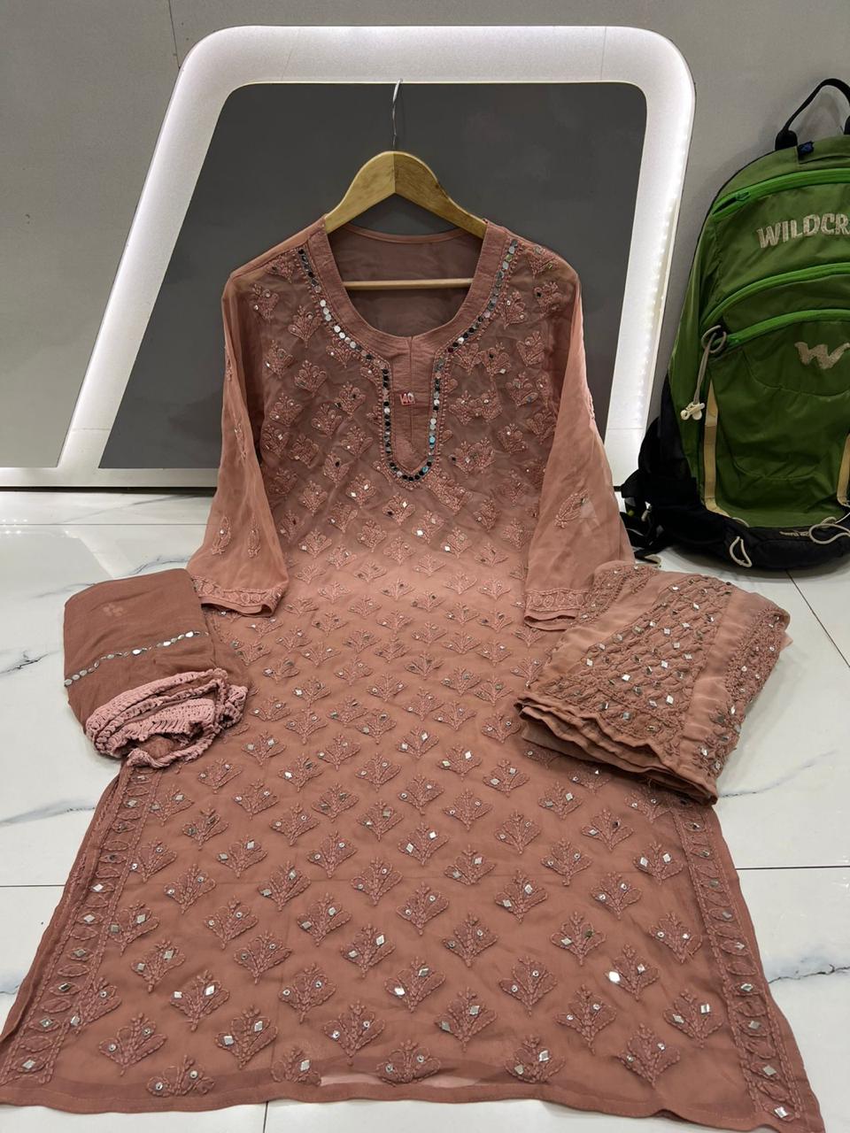 Embroidered Chiffon Kurti Set in Dusty Rose with Mirror Accents