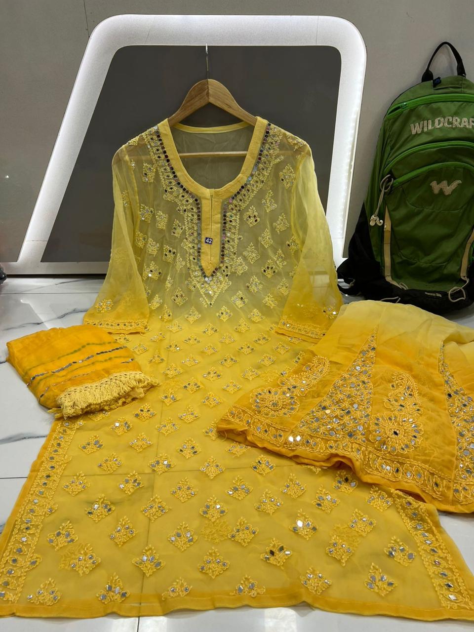 Elegant Yellow Embroidered Chiffon Suit with Mirror Work