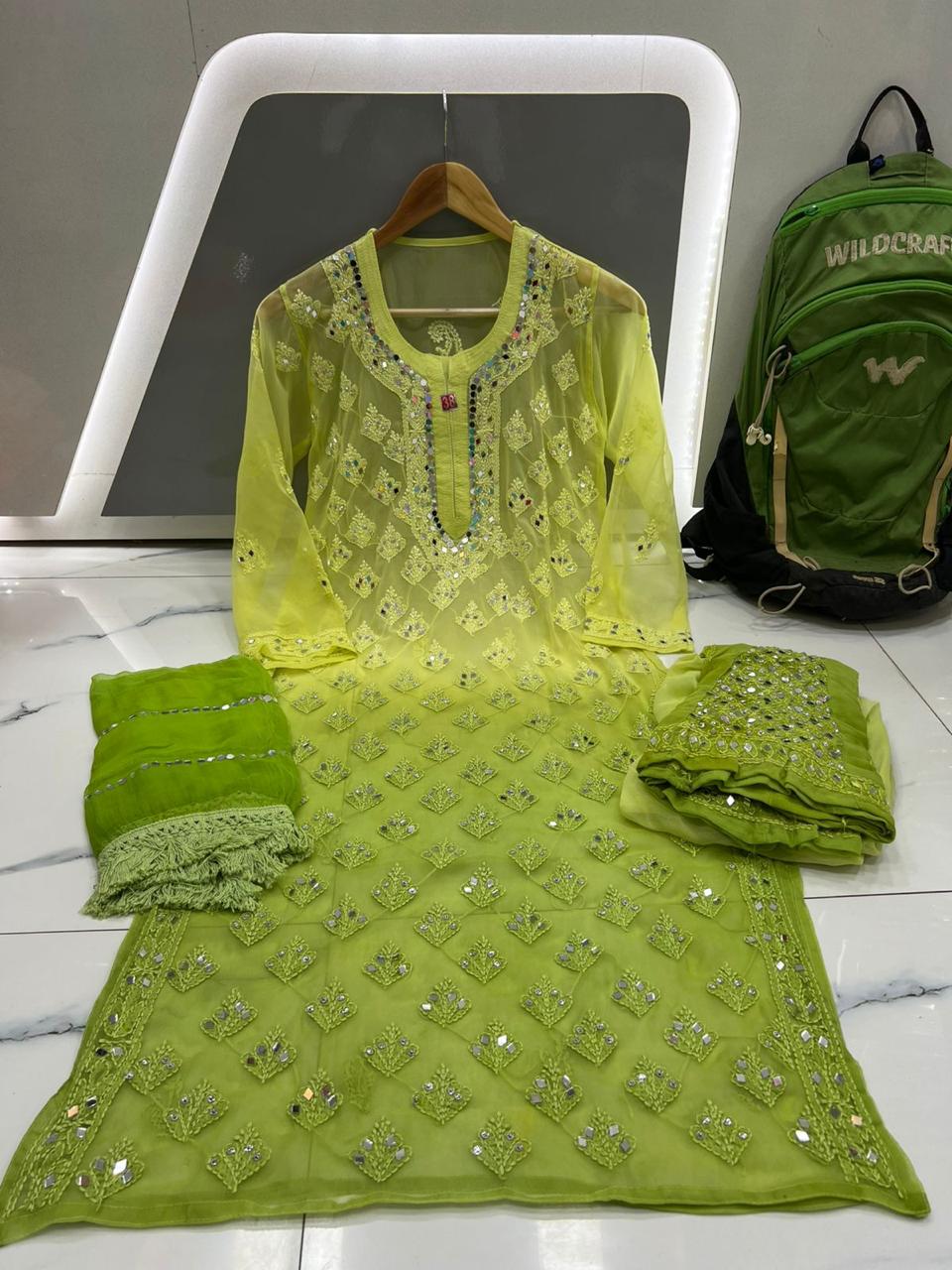 Graceful Lime Green Embroidered Chiffon Suit with Mirror Accents