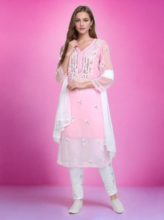 Pink Chikankari handmade Mirror Work 3 Piece Kurta Set