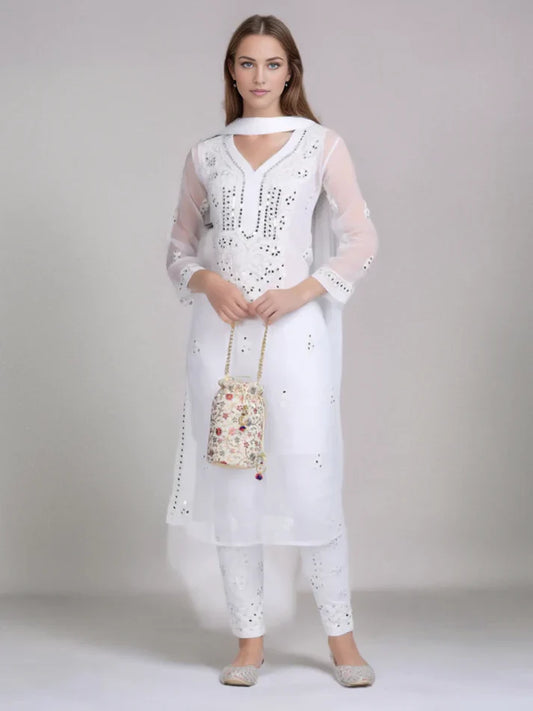 Front view of a White Mirror Handmade Chikankari Kurti Set with intricate hand-embroidered chikankari work and subtle mirror detailing, offering timeless elegance and traditional charm.

