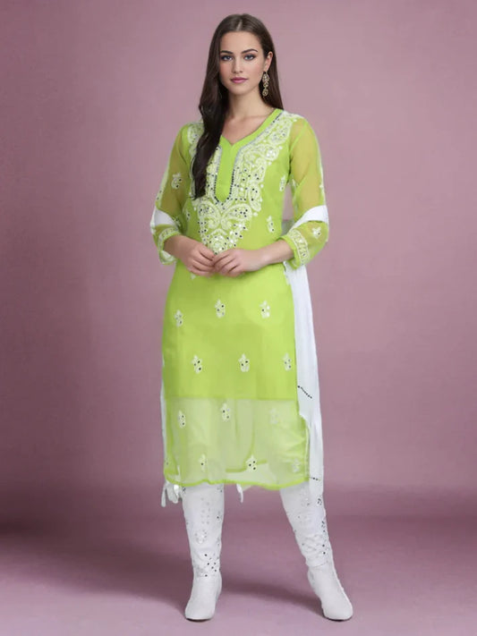 Front view of a Parrot Green Mirror Handmade Chikankari Kurti Set with intricate chikankari embroidery and dazzling mirror details, perfect for festive elegance and traditional charm