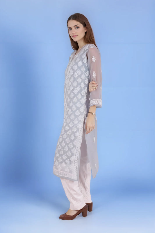 Georgette Chikankari Women's Grey Kurta with Lining