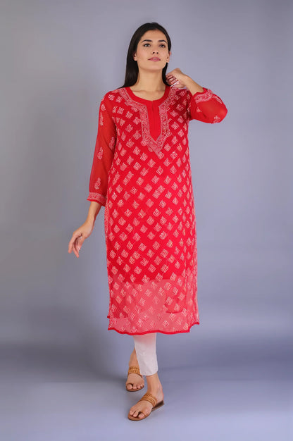 Georgette Chikankari Women's Red Kurta with Lining