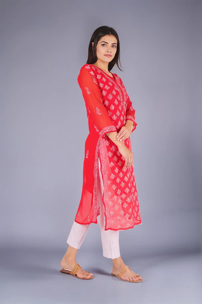 Georgette Chikankari Women's Red Kurta with Lining