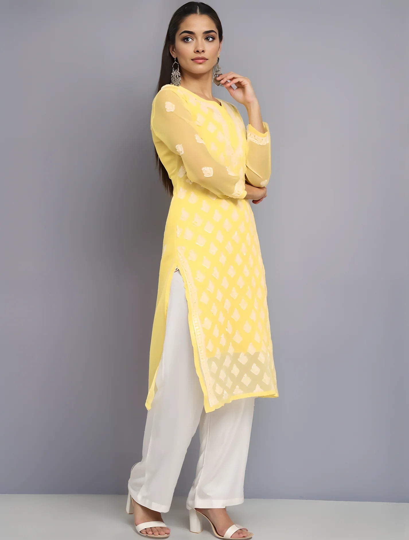 Georgette Chikankari Women's Yellow Kurta with Lining