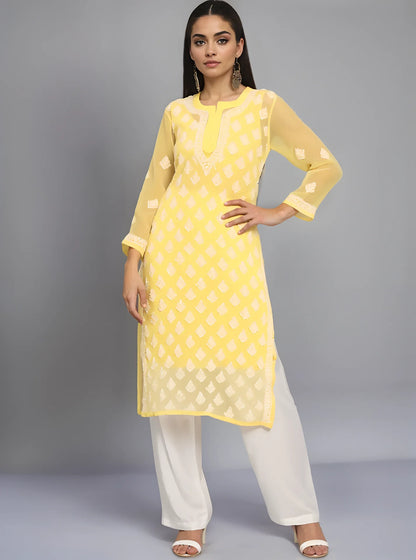 Georgette Chikankari Women's Yellow Kurta with Lining