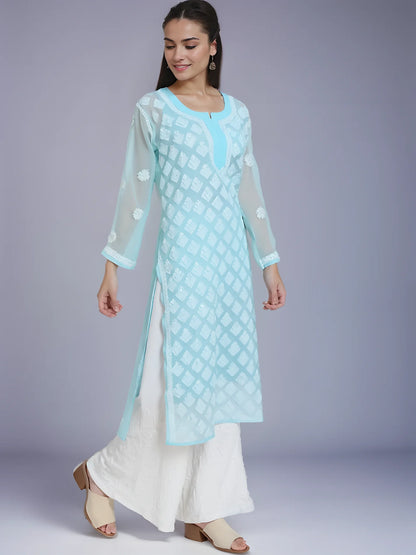 Georgette Chikankari Women's S-Blue Kurta with Lining