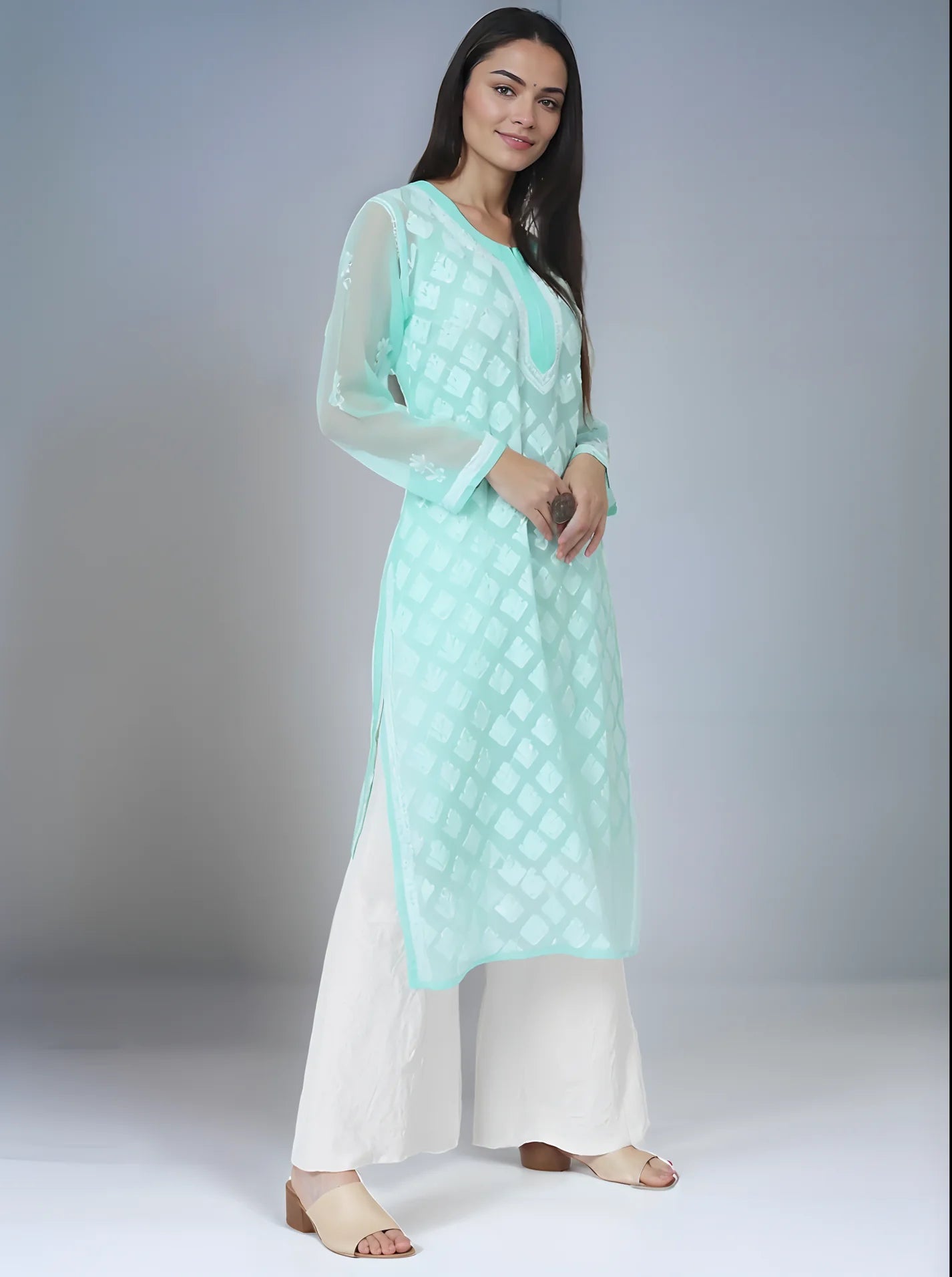 Georgette Chikankari Women's S-Blue Kurta with Lining