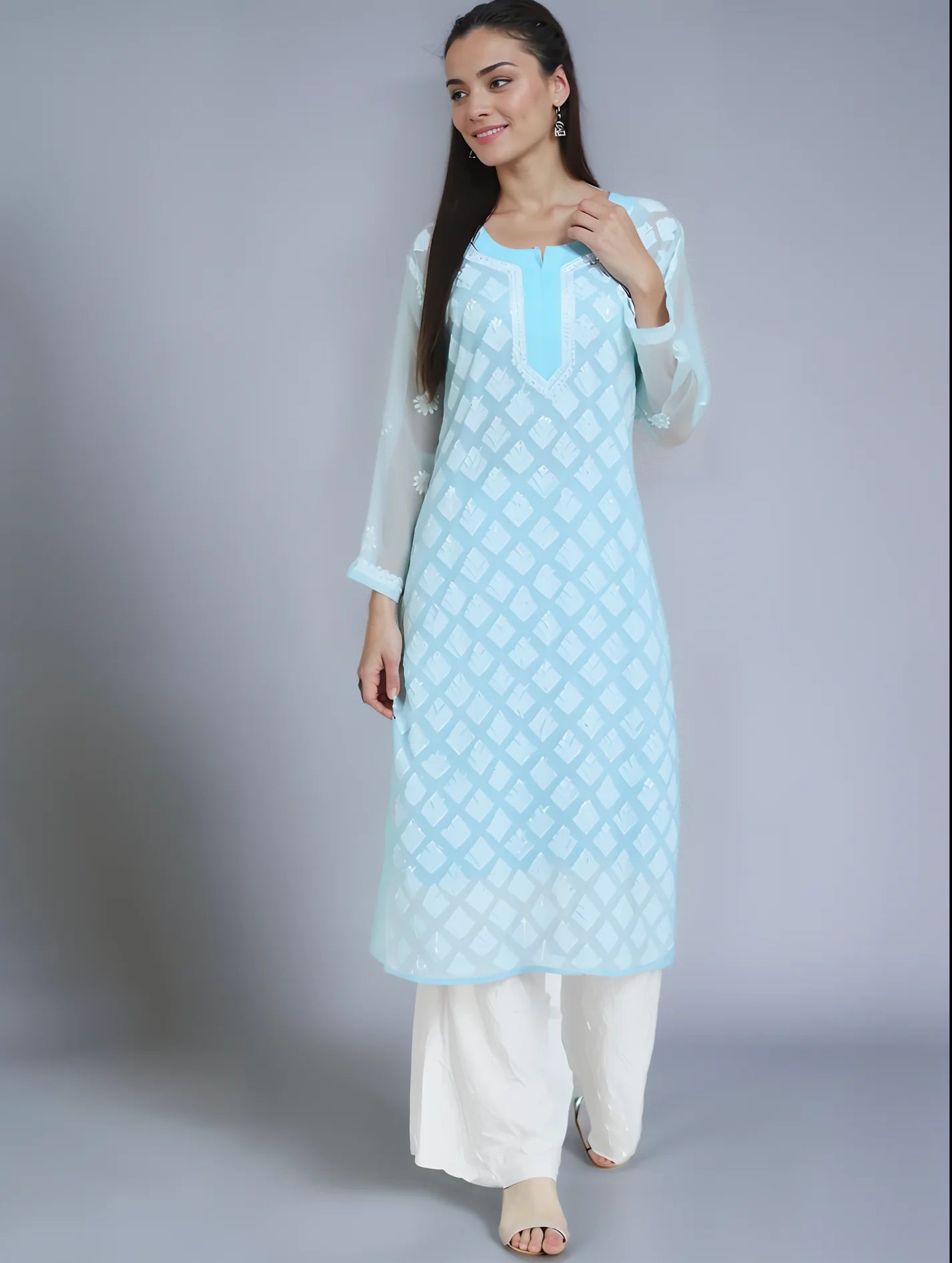 Georgette Chikankari Women's S-Blue Kurta with Lining