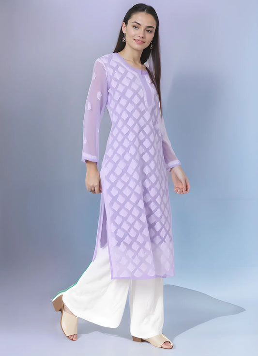 Georgette Chikankari Women's Levender Kurta with Lining