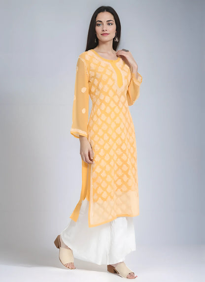 Georgette Chikankari Women's Mustard Kurta with Lining