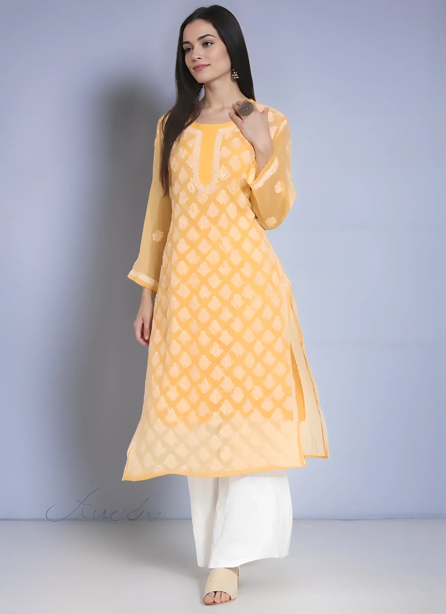 Georgette Chikankari Women's Mustard Kurta with Lining