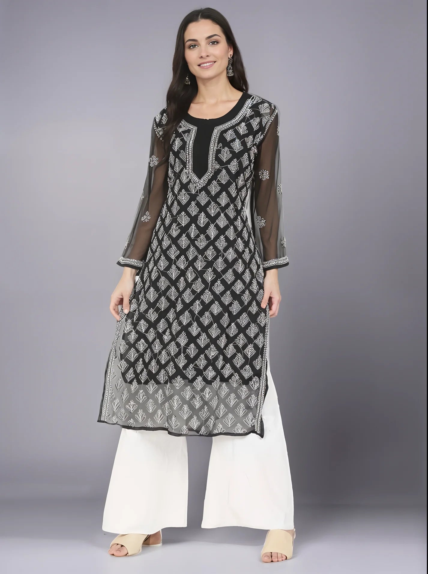 Georgette Chikankari Women's Black Kurta with Lining