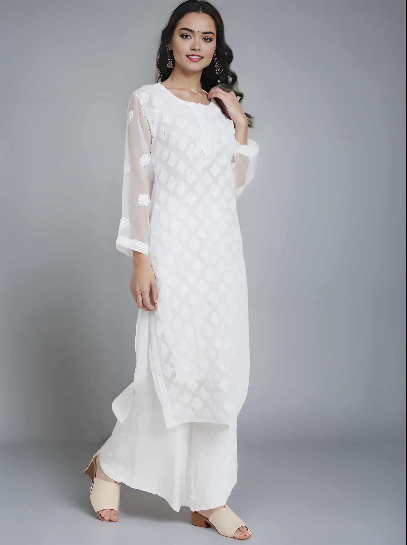 Georgette Chikankari Women's White Kurta with Lining