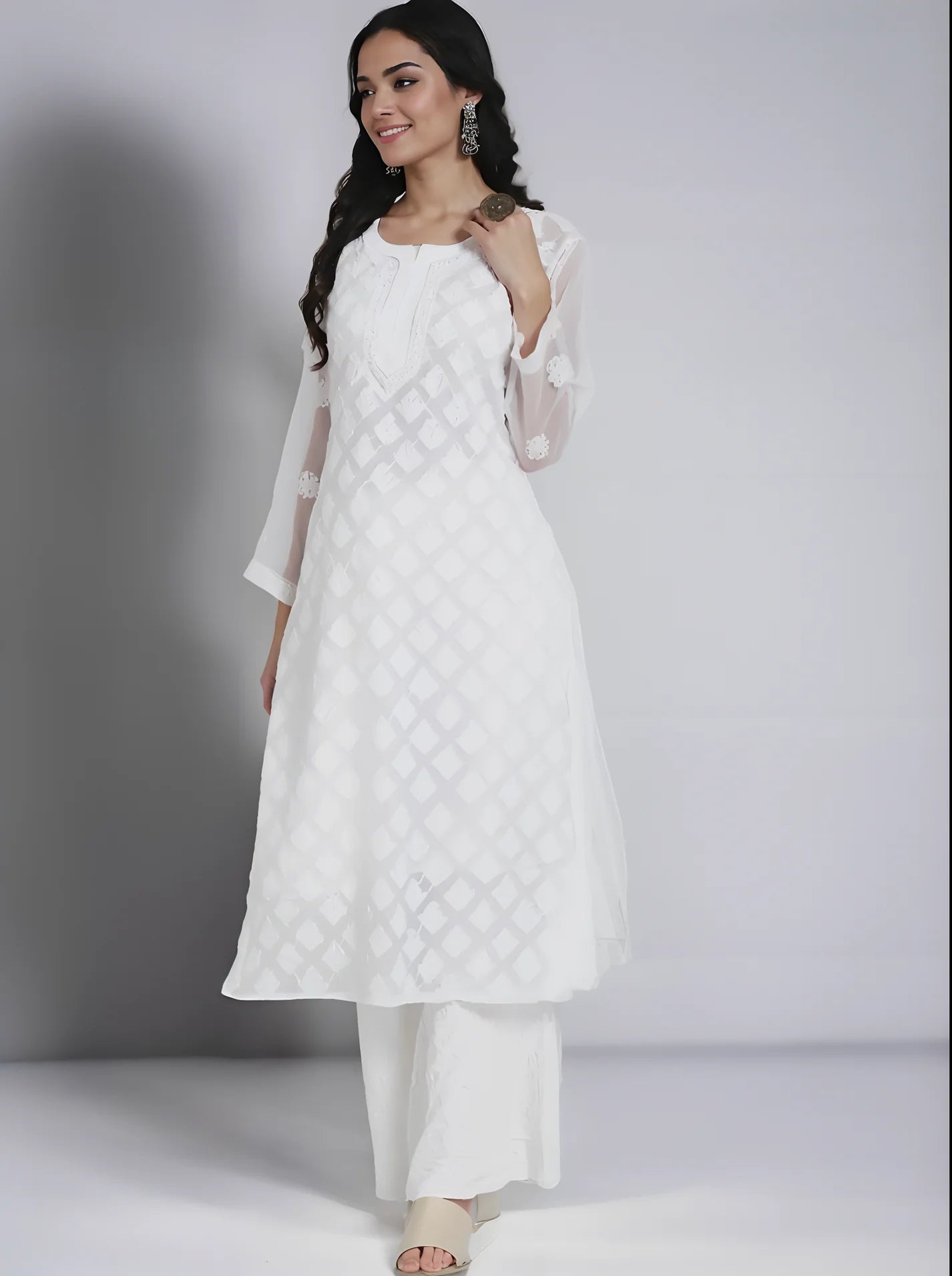 Georgette Chikankari Women's White Kurta with Lining