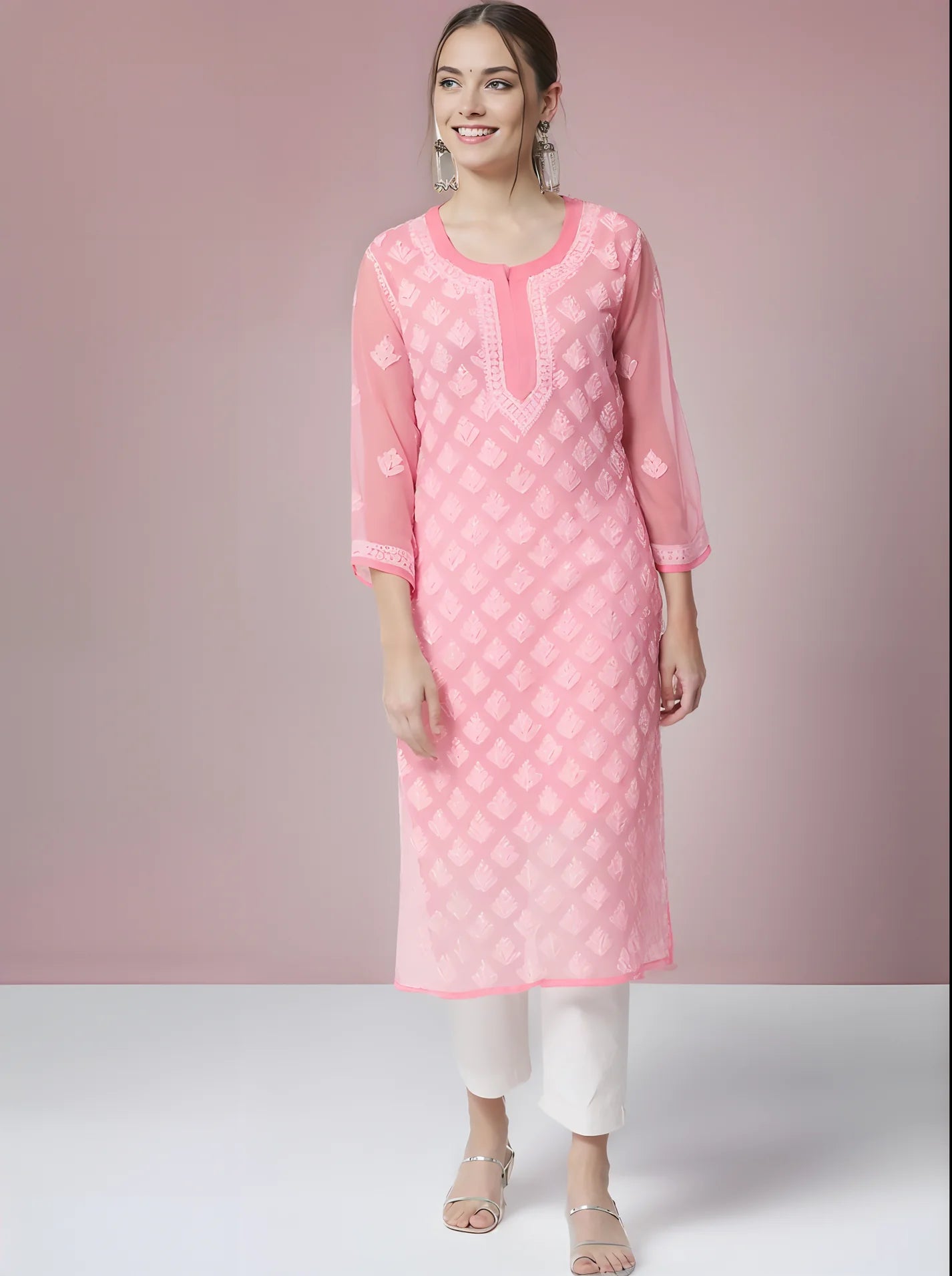 Georgette Chikankari Women's Baby Pink Kurta with Lining