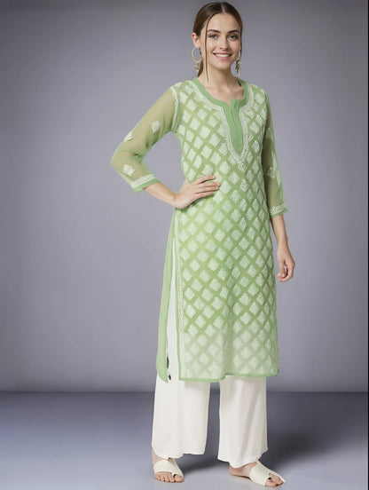 Georgette Chikankari Women's Green Kurta with Lining