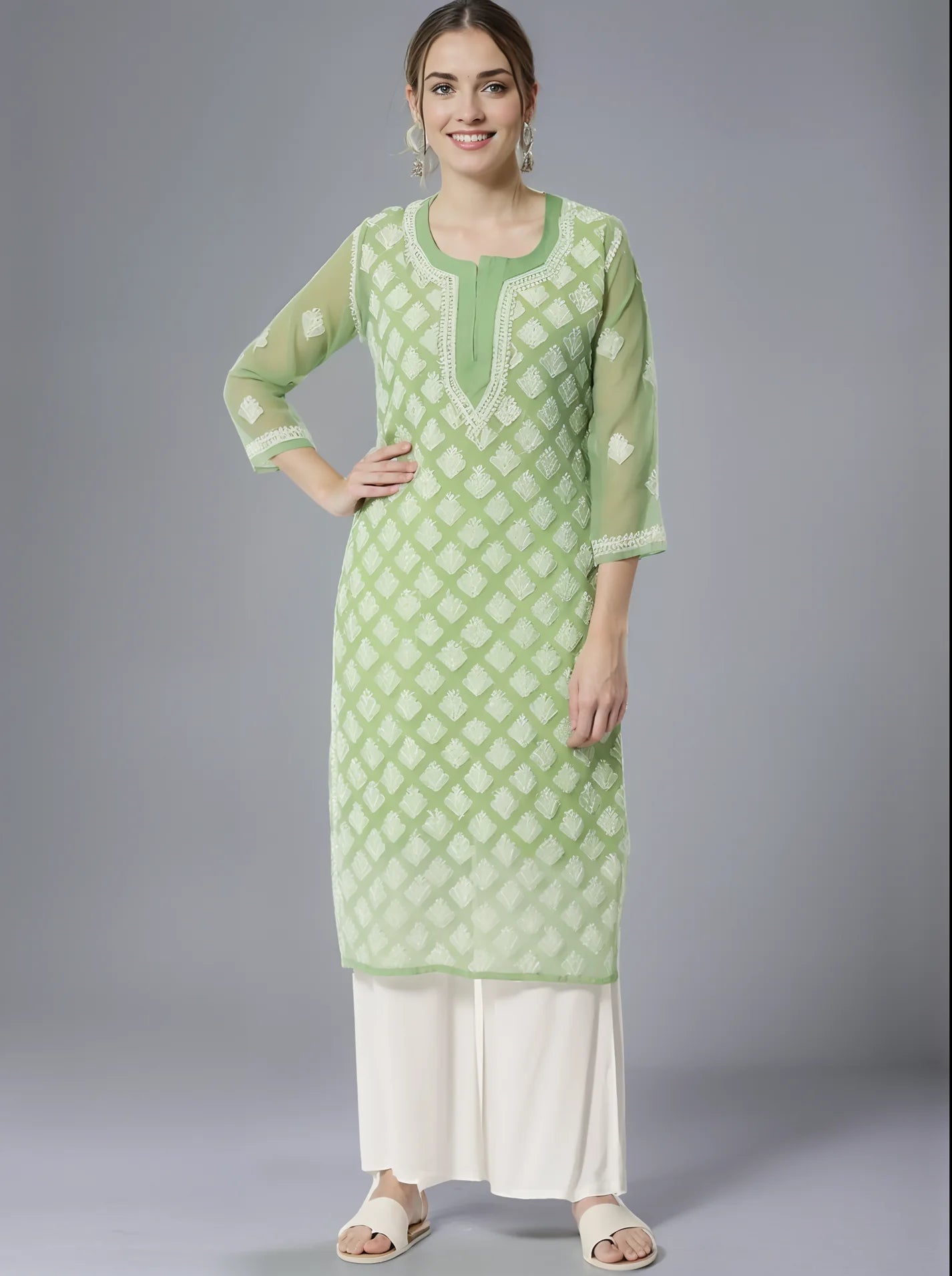 Georgette Chikankari Women's Green Kurta with Lining