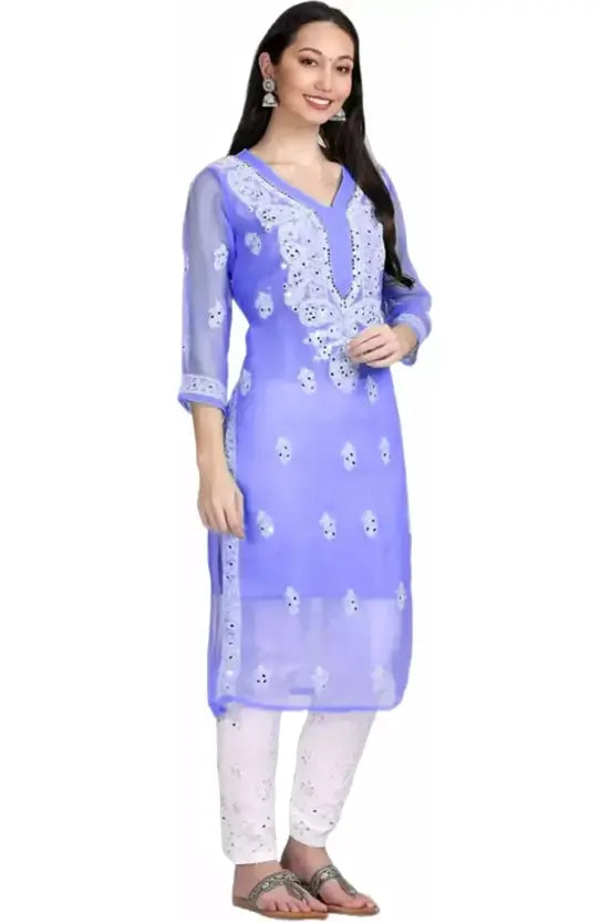 Women Chikan Embroidery Georgette A-line Purple Kurta