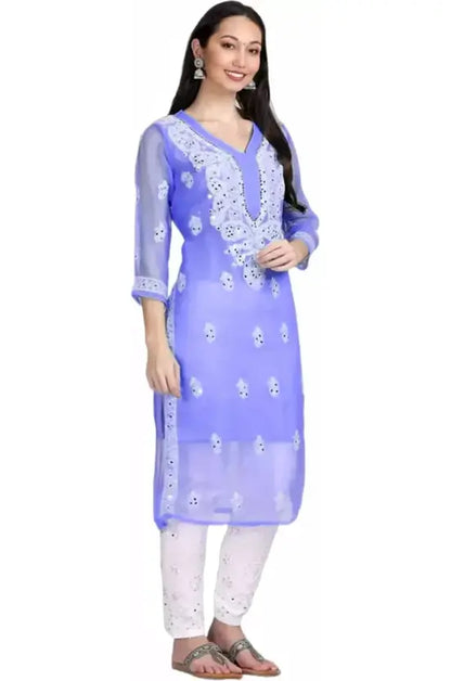 Women Chikan Embroidery Georgette A-line Purple Kurta