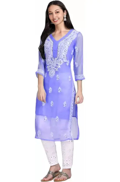 Women Chikan Embroidery Georgette A-line Purple Kurta