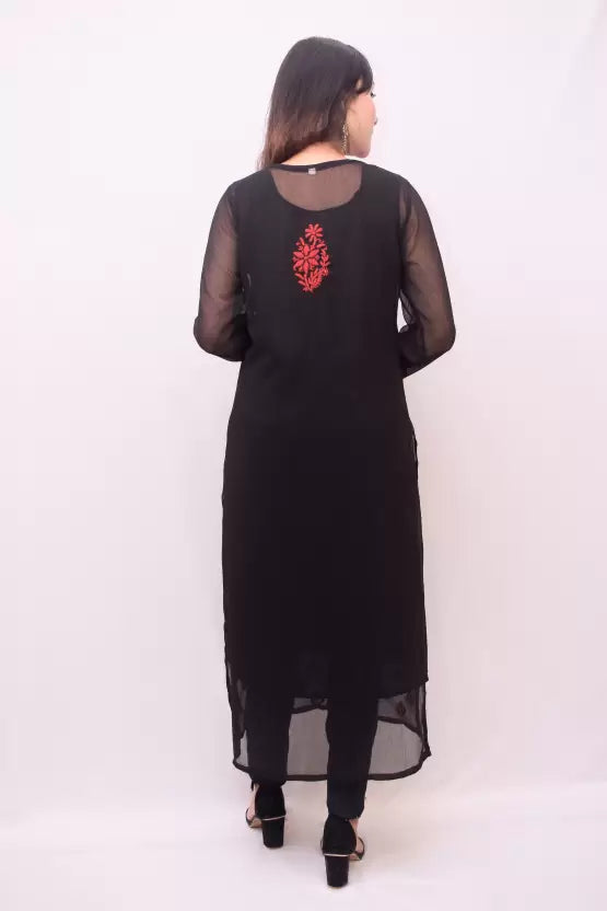 Women Chikan Embroidery Georgette Straight Kurta