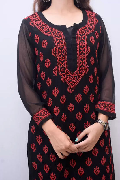 Women Chikan Embroidery Georgette Straight Kurta