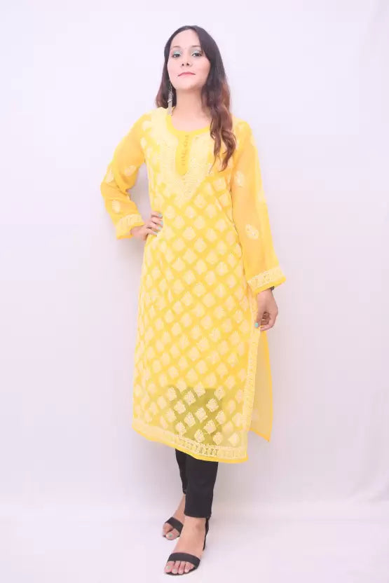 Women Chikan Embroidery Georgette Straight Kurta