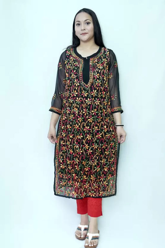 Women Chikan Embroidery, Embroidered Georgette Straight Kurta