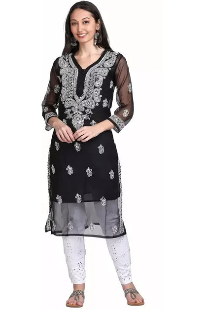 Women Chikan Embroidery Georgette A-line Black Kurta