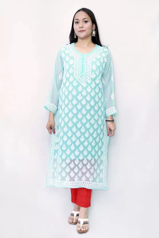 Women Chikan Embroidery Georgette Straight Kurta