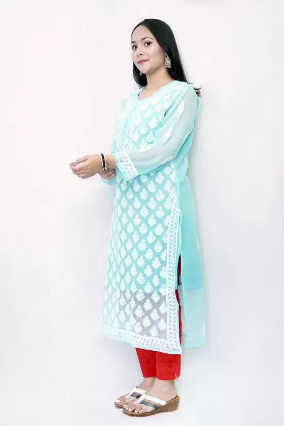 Women Chikan Embroidery Georgette Straight Kurta