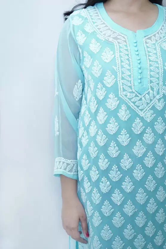 Sky Blue Hand Embroidered Chikankari Kurtis For Women