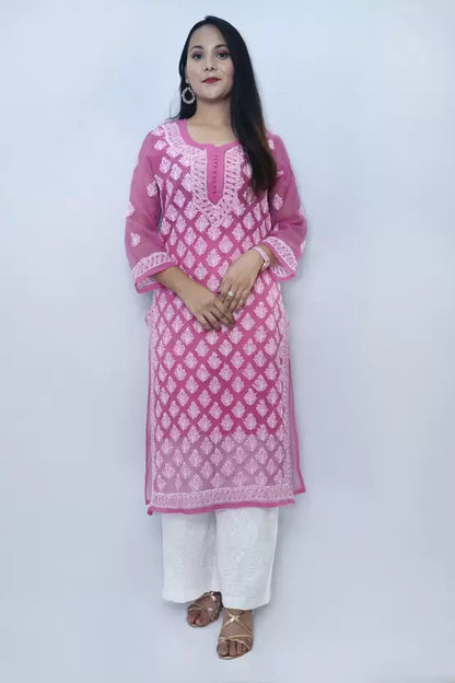 Women Chikan Embroidery Georgette Straight Kurta