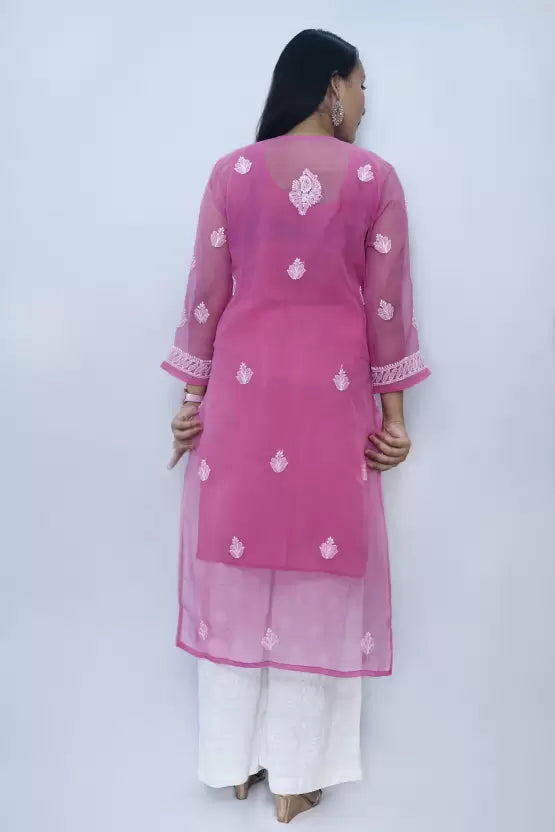 Women Chikan Embroidery Georgette Straight Kurta