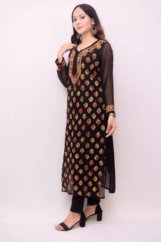 Women Chikan Embroidery Georgette Straight Kurta